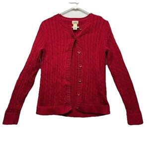 LL Bean Women's Red Sweater M Cardigan Button up Cable Knit Heavy 100% Cotton